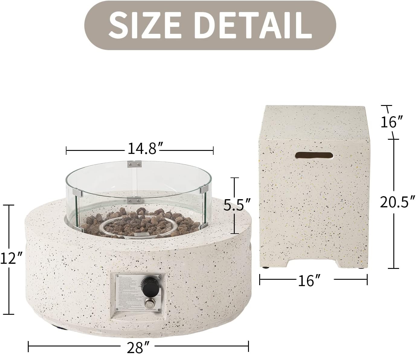 SUNBURY Outdoor 28 Inch Propane Fire Pit Table, Round Fire Table w Tank Table, 40,000 BTU Spotted White Patio Gas Fire Table w Tempered Glass Wind Guard, Waterproof Cover