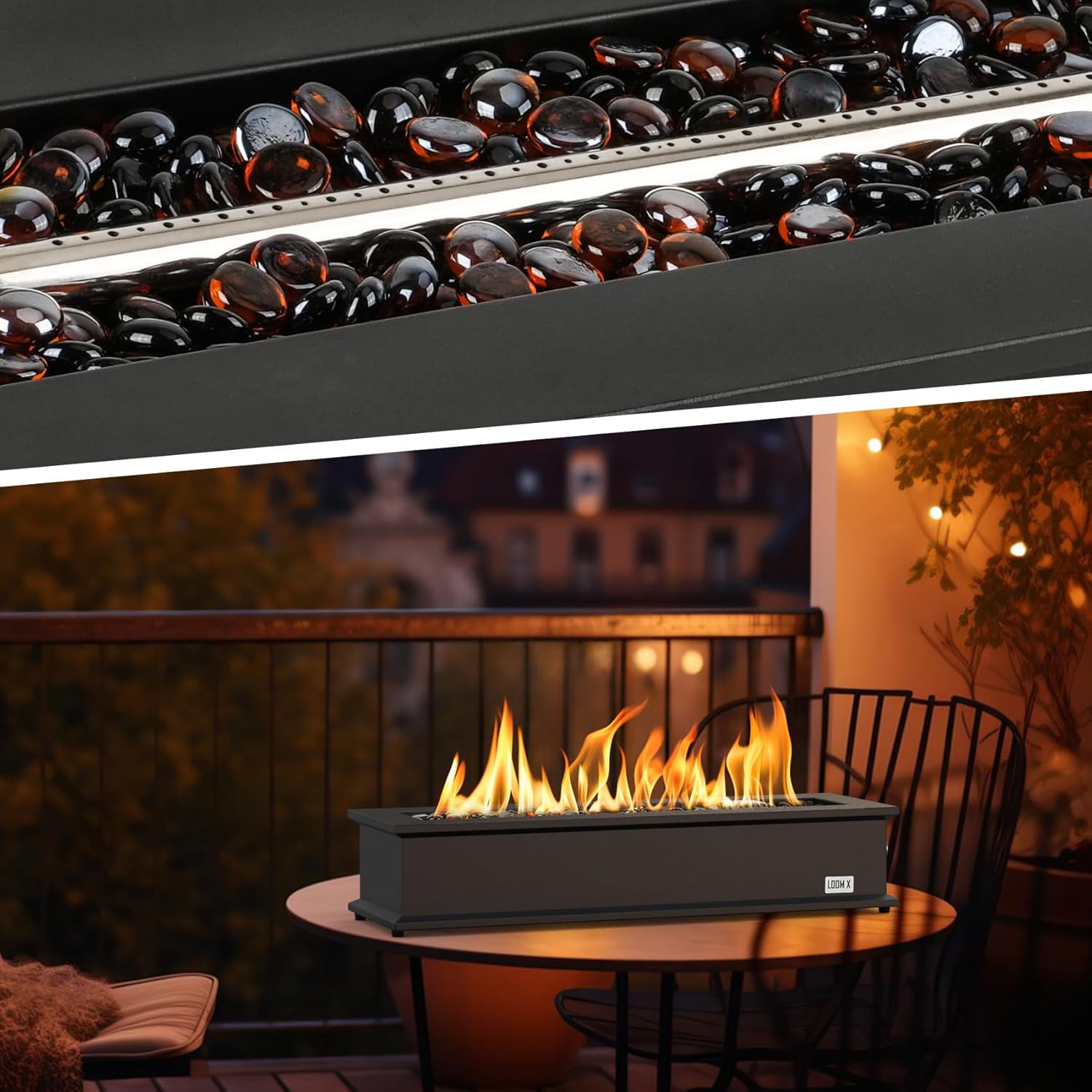 Onlyfire Loom X Propane Fire Pit Table with Stainless Steel Burner and Decorative Fire Glass Beads - 28 Inch Rectangular Tabletop Gas Fireplace (Side Connected)