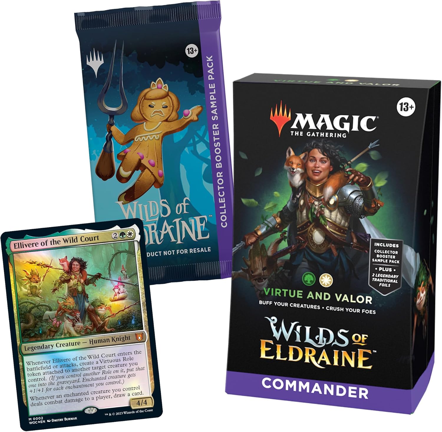 Magic: The Gathering Wilds of Eldraine Commander Deck - Virtue and Valor (100-Card Deck, 2-Card Collector Booster Sample Pack + Accessories)