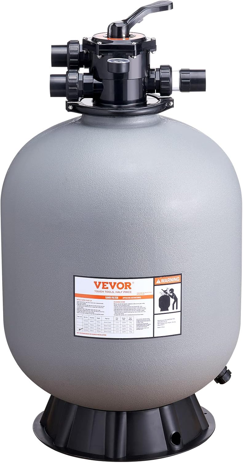 VEVOR Sand Filter, 24-inch, Up to 65 GPM Flow Rate, Above Inground Swimming Pool Sand Filter System with 7-Way Multi-Port Valve, Filter, Backwash, Rinse, Raecirculate, Waste, Winter, Closed Functions