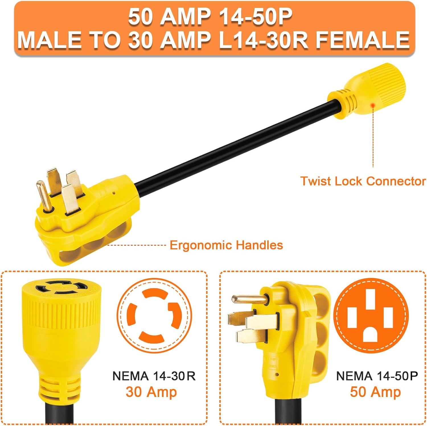 10 FT NEMA 14-50P to L14-30R Generator Transfer Switch Adapter Cord and Generator Adapter NEMA L14-30P to L14-20R