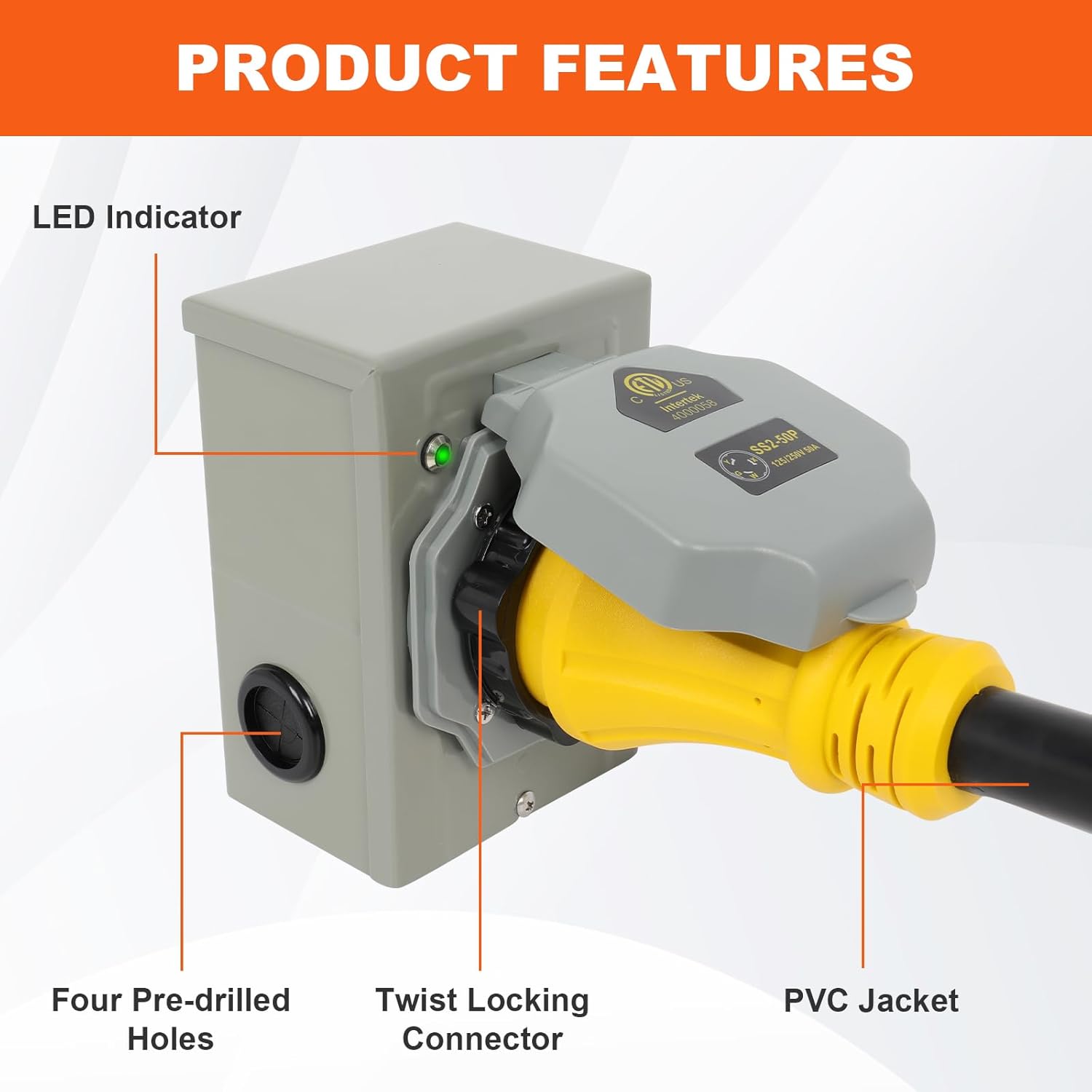 50AMP Generator Cord and Power Inlet Box, NEMA SS2-50P Pre-Drilled Generator Power Inlet Box with LED Power Indicator, 25 FT 14-50P to SS2-50R Extension Cord with Twist Lock Connector, ETL Listed