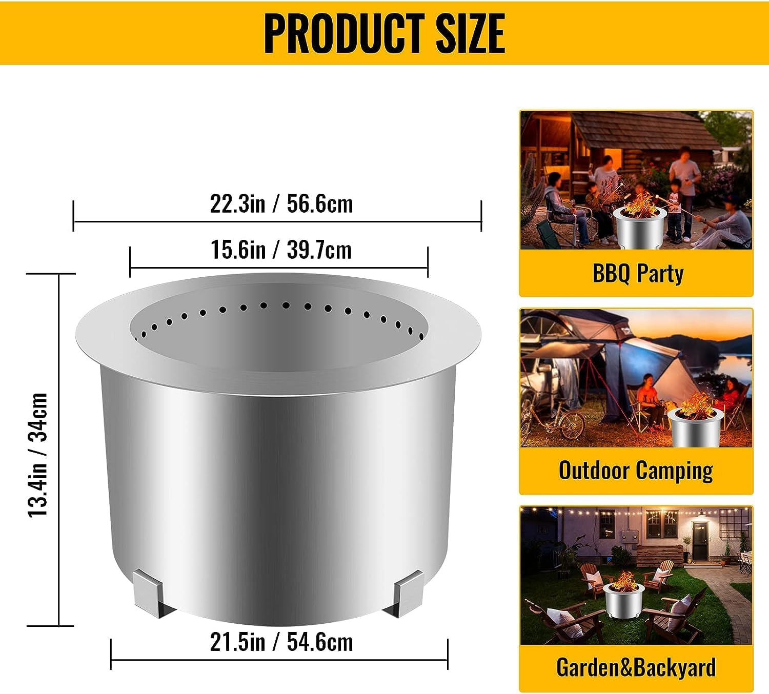 Smokeless Patio Fire Pit, Wood Burning Outdoor Fire Pit - Includes Wood Pack, Modern Design with Removable Ash Pan, 21.5-28.5 Inches, Black,Silver,21.5 Inch