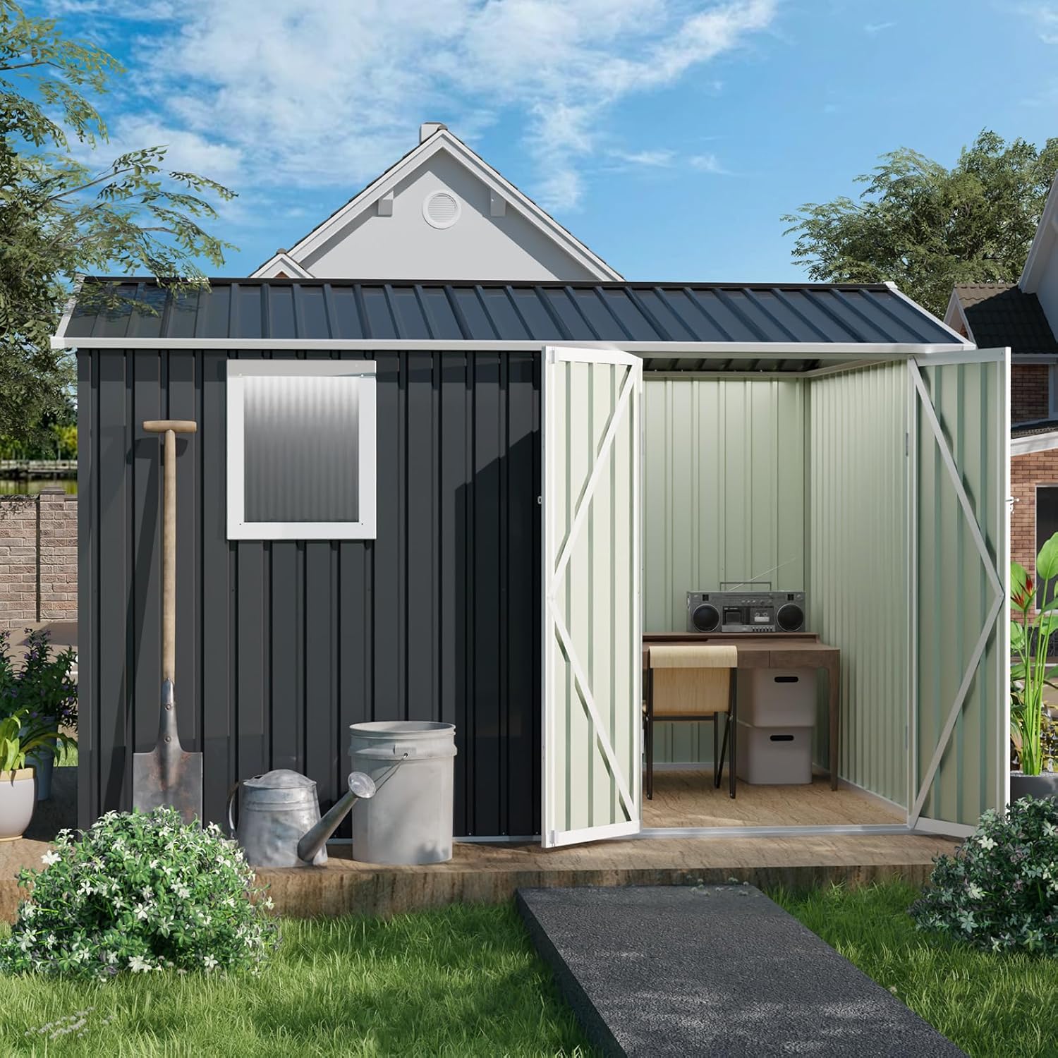 9.5 x 6.7FT Outdoor Storage Shed, Utility Tool Shed with Door & Lock Metal Storage Garden Shed for Patio Storage (Grey, 9.5 x 6.7FT)