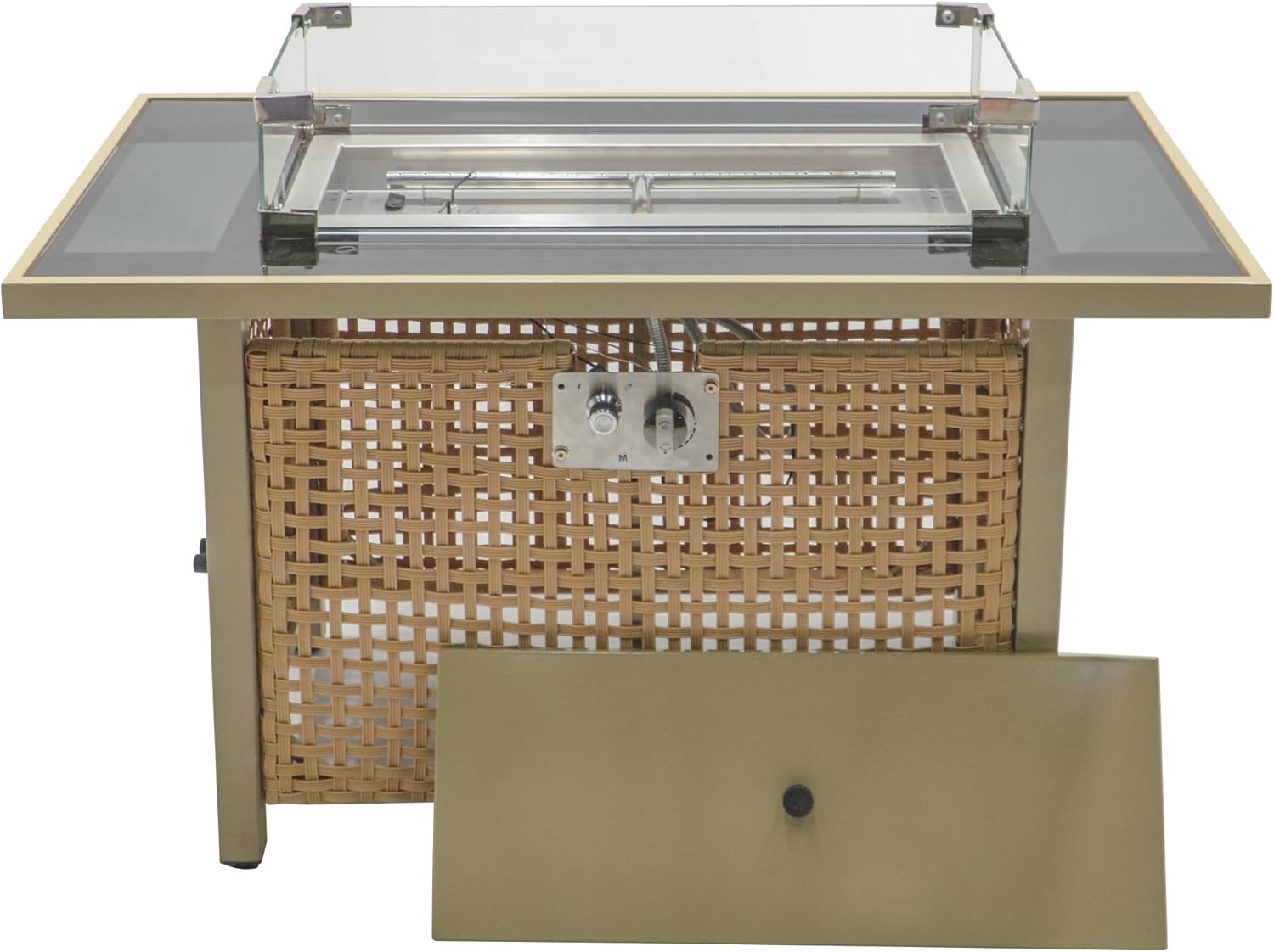 43-Inch Propane Fire Pit Table, Outdoor Gas Fire Table with Glass Wind Guard, 60000 BTU Rectangular Open Weave Wicker Fire Pit for Outside Patio Deck Garden Backyard- Orange & Mustard Yellow