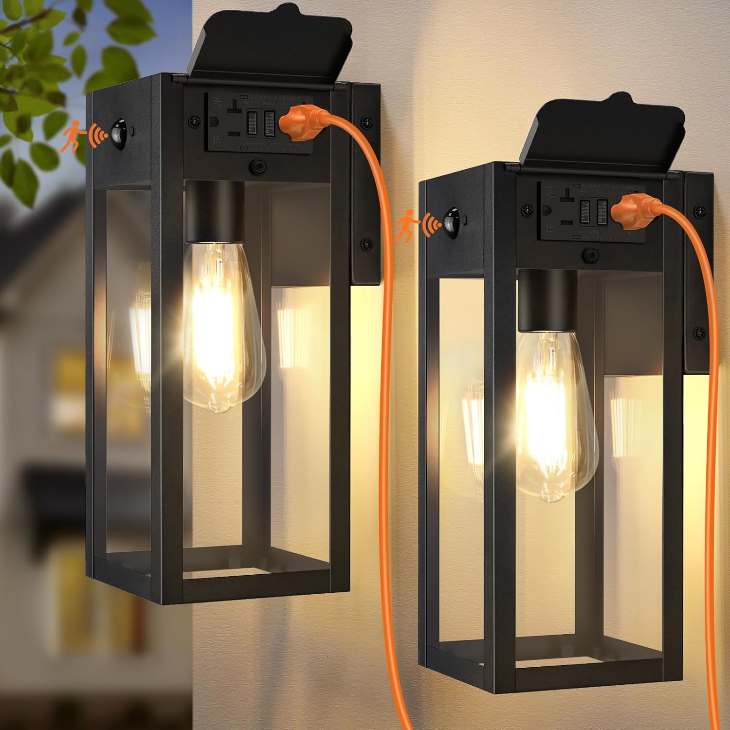 2 Pack Porch Lights with GFCI Outlet, Dusk to Dawn Motion Sensor Outdoor Lights, 2 Lighting Modes Waterproof Anti-Rust Wall Sconce Lantern, Outside Light for House, Black