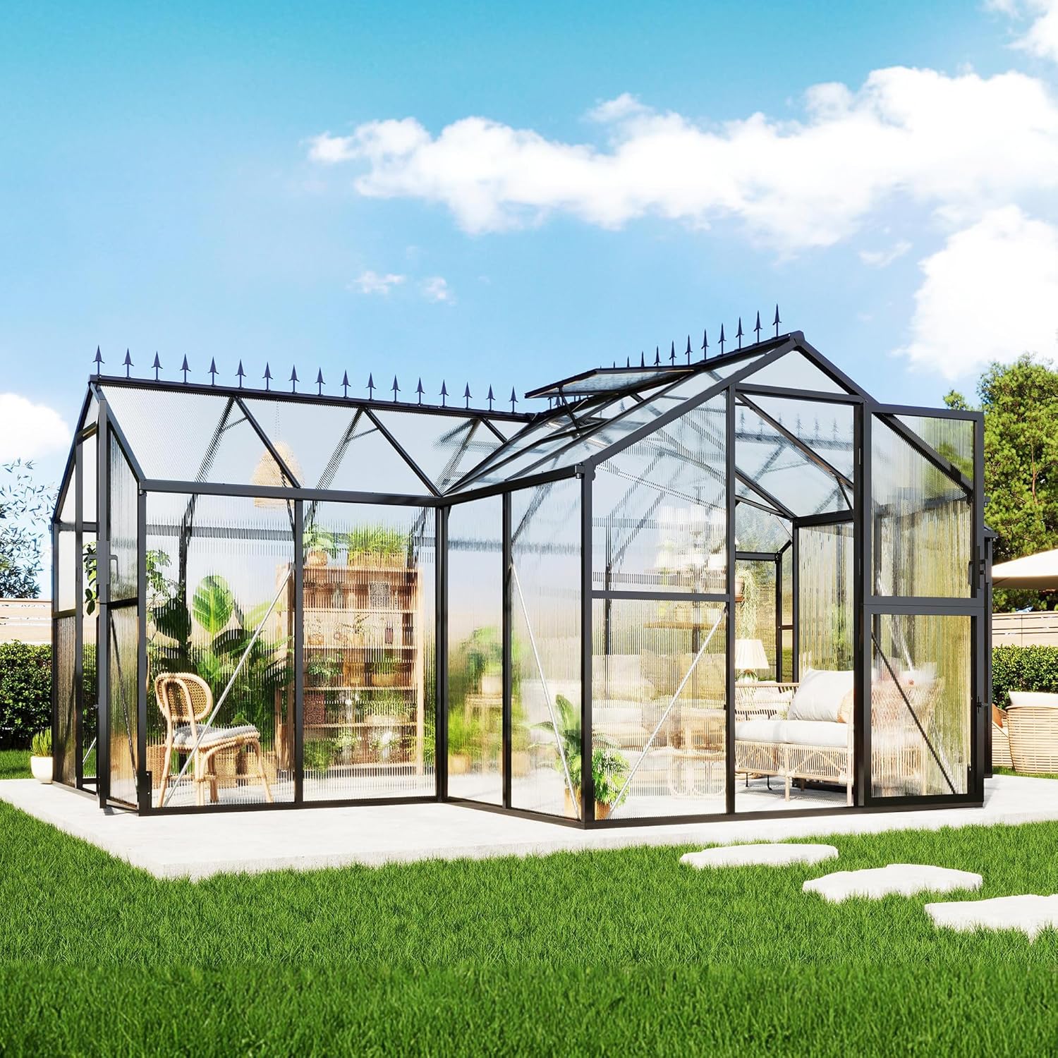 AMERLIFE 16.8x12x7 FT Greenhouse for Ourdoors, Quick-Lock Assembly, Aluminum Frame with 2 Vents, 2 Doors, and Walk-in Design for Garden or Backyard, Black