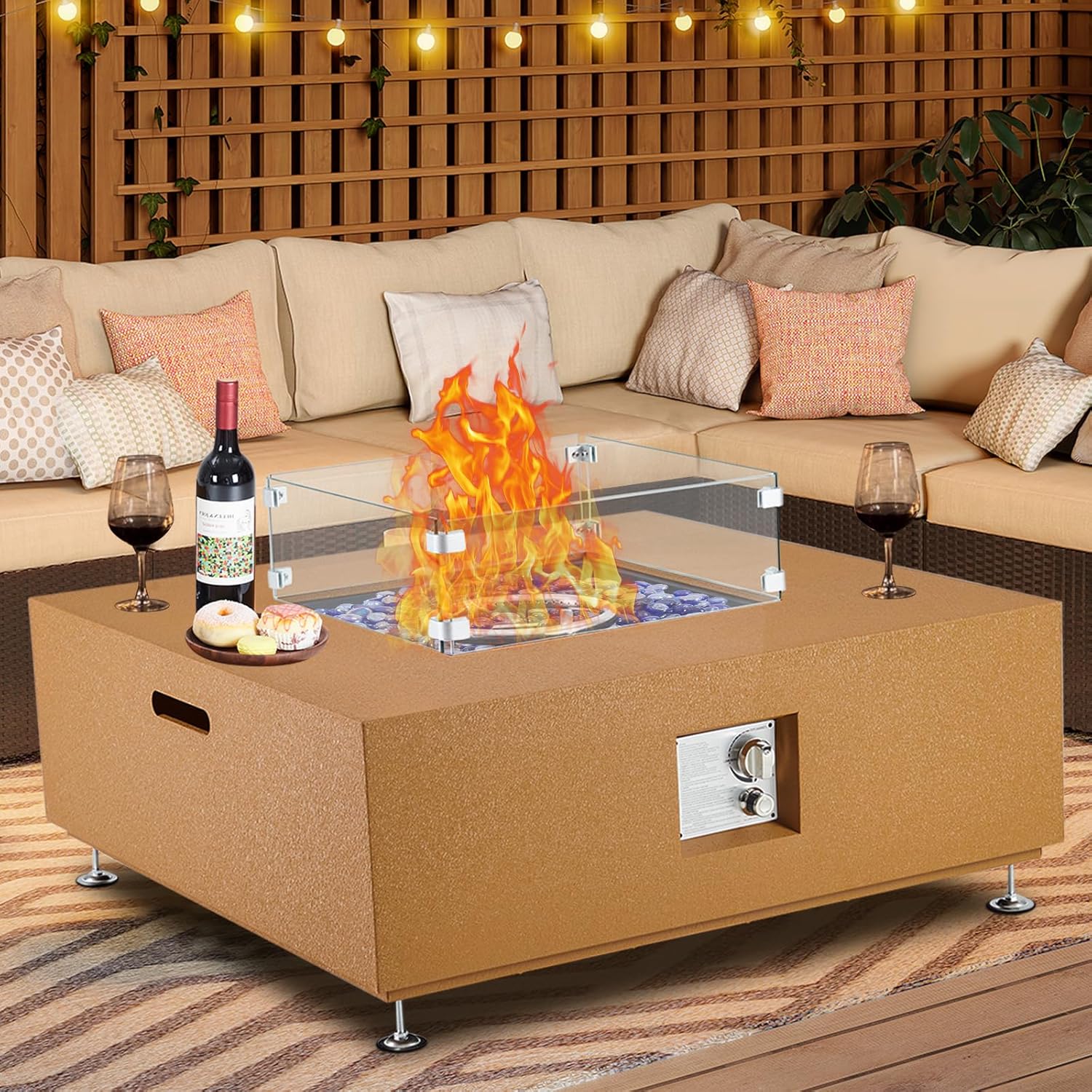 50000 BTU Propane Fire Pit Table, 36 in Outdoor Gas Fire Pit Table with 16 in Propane Tank Cover, Wind Guard, Glass Rocks & Rain Cover for Garden Backyard Deck Patio