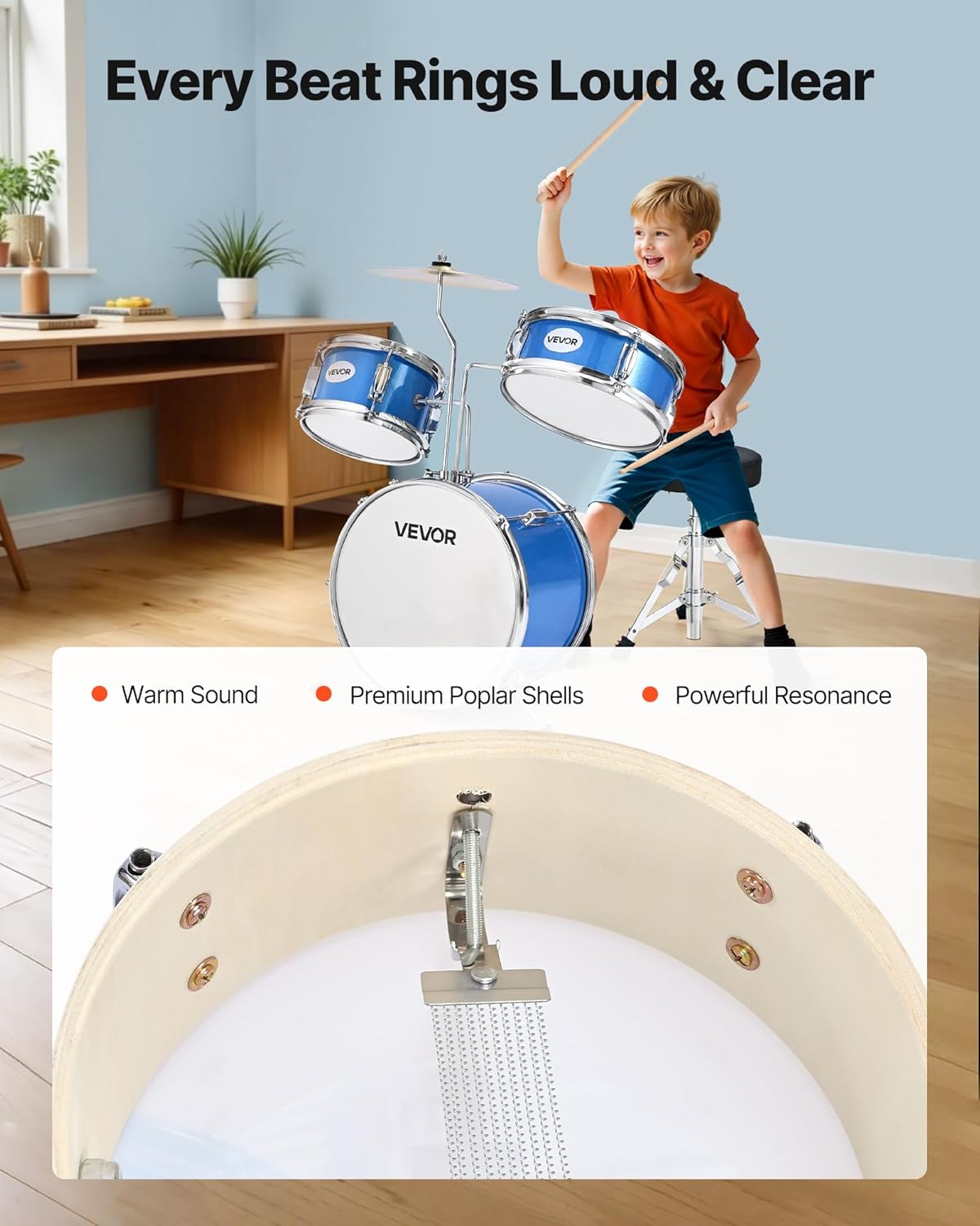 VEVOR Kids Drum Set, 3-Piece 14 in Junior Drum Sets, Beginner Drums Set with Adjustable Throne, Cymbal & 4pcs Drumsticks, Musical Learning Drums Instruments Kit, for Children Ages 6-13, Sky Blue