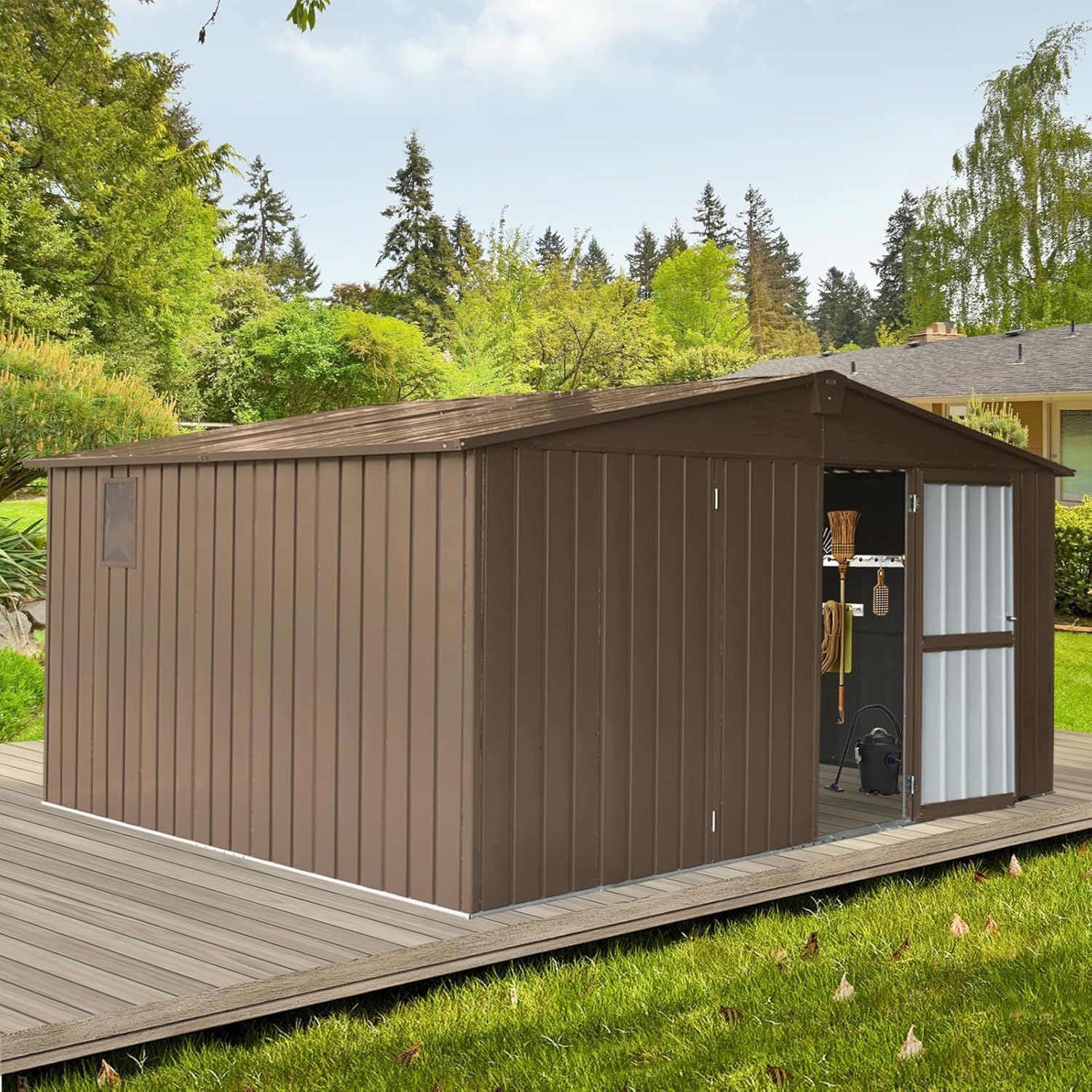 Large Storage Shed 11x12.5ft with Windows, Galvanized Steel Outdoor Garden Shed - 900 Cu.Ft Utility Tool Room, Lockable Double Doors & Sloped Roof for Patio, Backyard (Brown)
