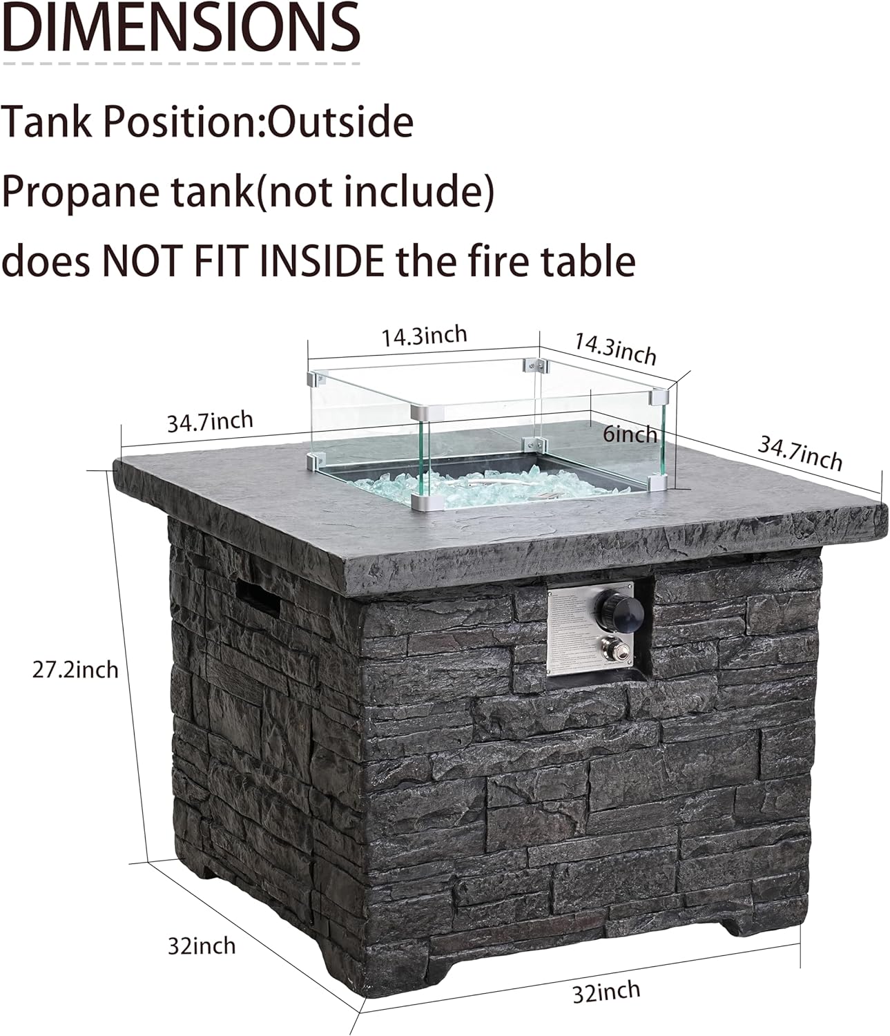 NAGA HABNA Propane Fire Pit Table, 34 Inch Outdoor Fire Table w Tank Table (50,000 BTU), Deep Grey Gas Fire Pit w Glass Wind Guard and Blue Fire Glass for Garden, Pool, Backyard (Square, Only Fire)