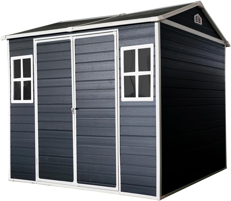 ASSYA Resin Outdoor Storage Shed Waterproof Shed with Floor and Two Windows and Lockable Doors, Tool Shed for Garden, Patio, Backyard