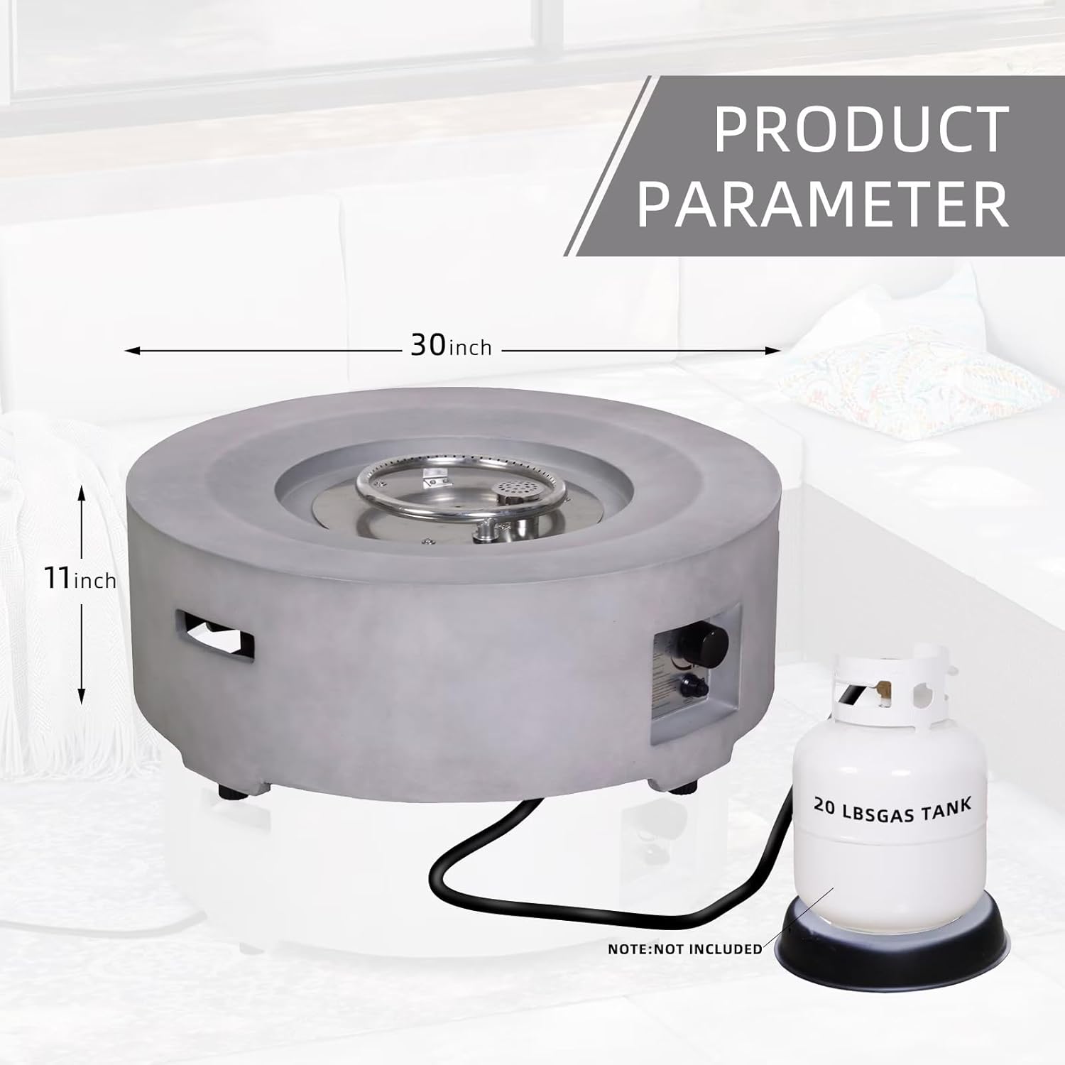 Diameter 30 Inch x 11 Inch Round Faux Concrete Texture Propane Gray Fire Pit with PVC Weather Cover