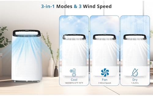 14000 BTU Portable Air Conditioner,3 in 1 AC Unit Cools 500-700 Sq Ft Rooms with Remote Control&LED Display,Ac Unit with 24 Hour Timer,Sleep Mode Dehumidifier&Fan Function for Living Room,Garage