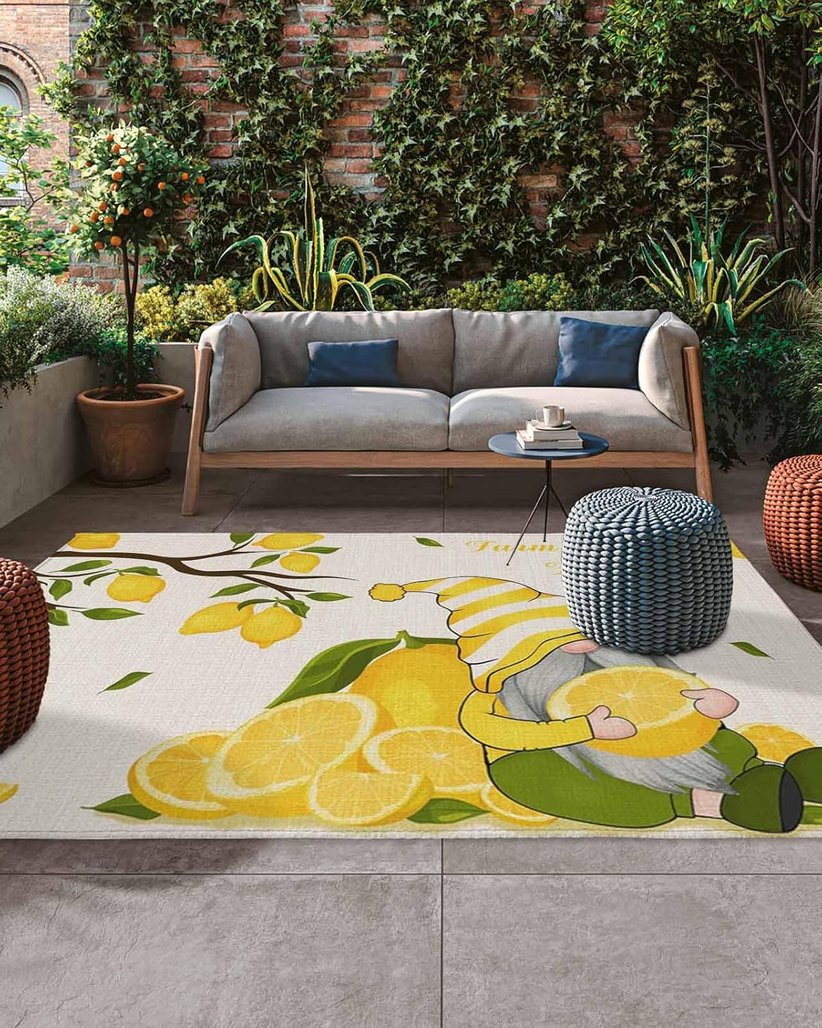 Outdoor Rug Summer Lemon Patio Rug 6' x 9', Yellow Gnomes Lemon Tree Fruit Indoor Outdoor Area Rugs, Washable Large Floor Rug Mats for Patio, Deck, Backyard
