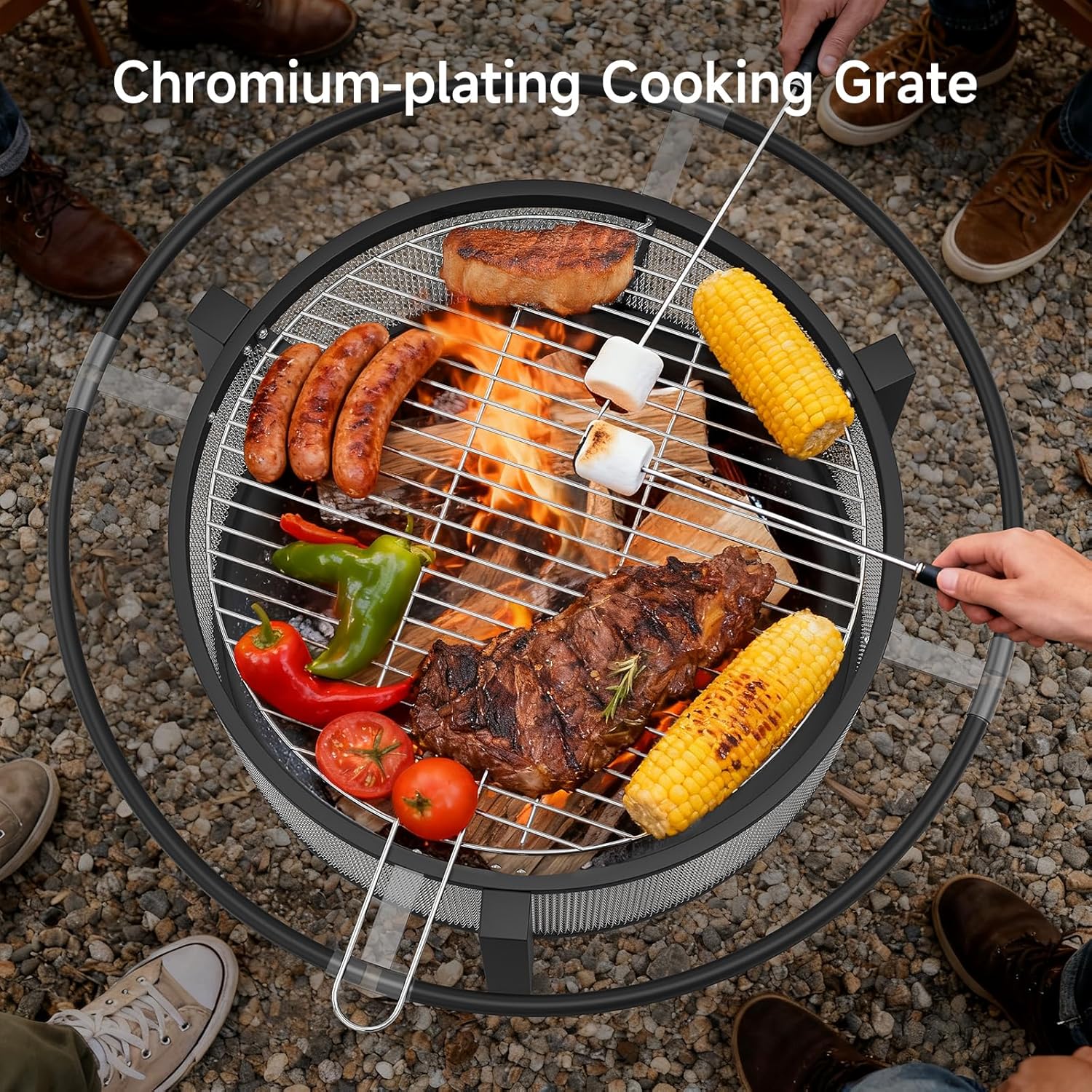 ONBRILL 2-in-1 32 Inch Fire Pit with Cooking Grill, Outdoor Wood Burning Firepit with Poker for BBQ, Bonfire, Picnic, Party, Round Metal Fire Pit for Outside, Backyard, Patio