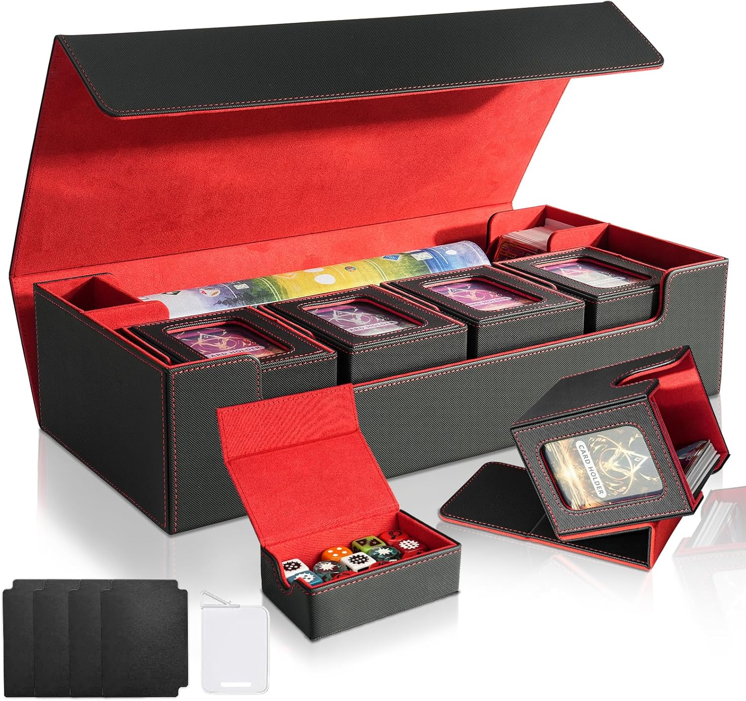 Card Deck Box for MTG Commander, Large 6 in 1 Card Storage Display Case with 5PCS TCG Deck Boxes & Dice Tray, Holds 2400+ Unsleeved Trading Cards (Black&Red Set)