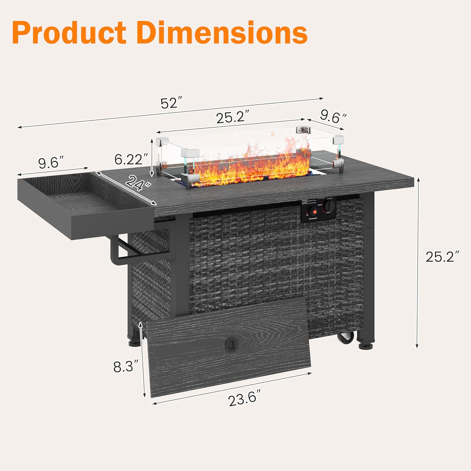 52 Inch Wicker Patio Fire Table, 50,000BTU Propane Fire Pit Table with Glass Wind Guard, Side Basket, Cover, CSA Certified, Outdoor Fire Pit for Garden, Backyard, Balcony, Poolside, Grey