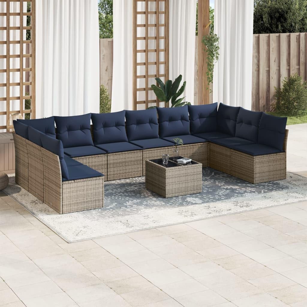 11 Piece Patio Sofa Set, Gray Poly Rattan Outdoor Sectional Furniture with Cushions, Tempered Glass Table, Modular Design for Backyard, Terrace