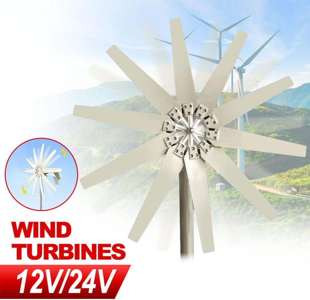 10 Blade Vertical Axis Wind Power Generator 12000W 12V-220V Windmill Generator with MPPT Controller Low Noise Low Wind Speed Start