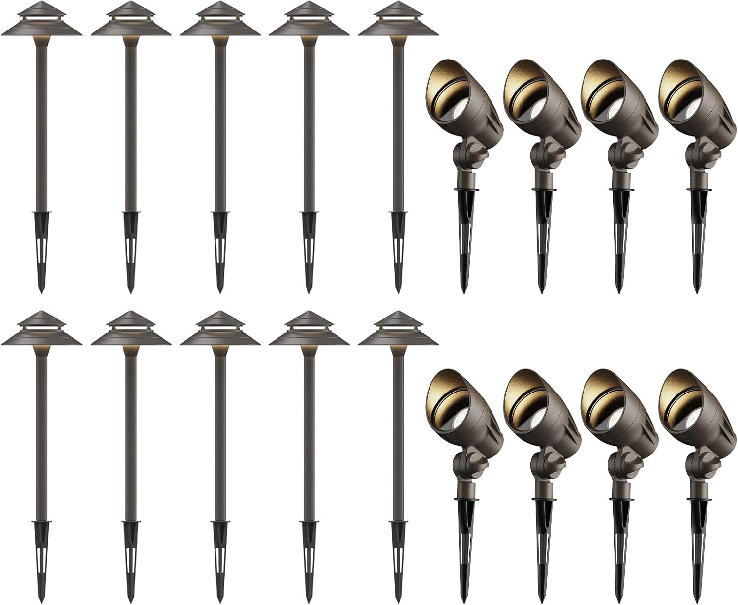 GOODSMANN Landscape Lighting 3W LED 10PK Outdoor Low Voltage Landscape Lighting 180 Lumen Hardwired 2 Tier Pagoda Path Light with 5W LED 8PK Outdoor Spotlight