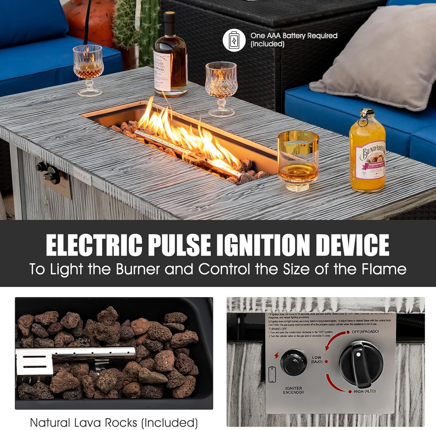 HAPPYGRILL 43” 50,000 BTU Outdoor Propane Fire Pit Table, Pulse Ignition Gas Fire Table with Lid, Protective Cover and Lava Rocks, Gas Fire Pit Table for Backyard Garden Patio