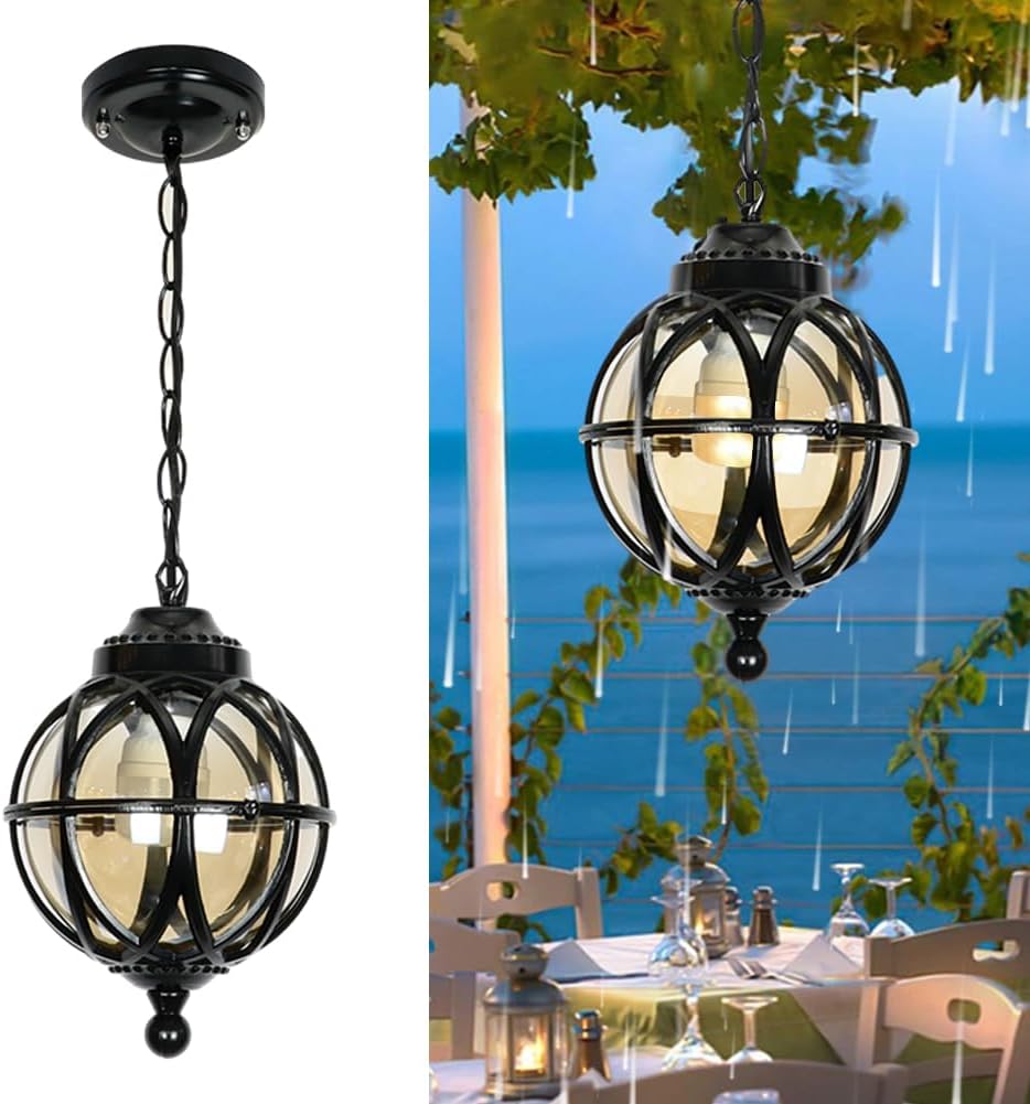 Vintage Ceiling Pendant Light Outdoor Waterproof Hanging Light for Porch, Lantern Glass Aluminum Exterior Retro Chandelier for Porch Patio Farmhouse Entryway (27cm/10.6