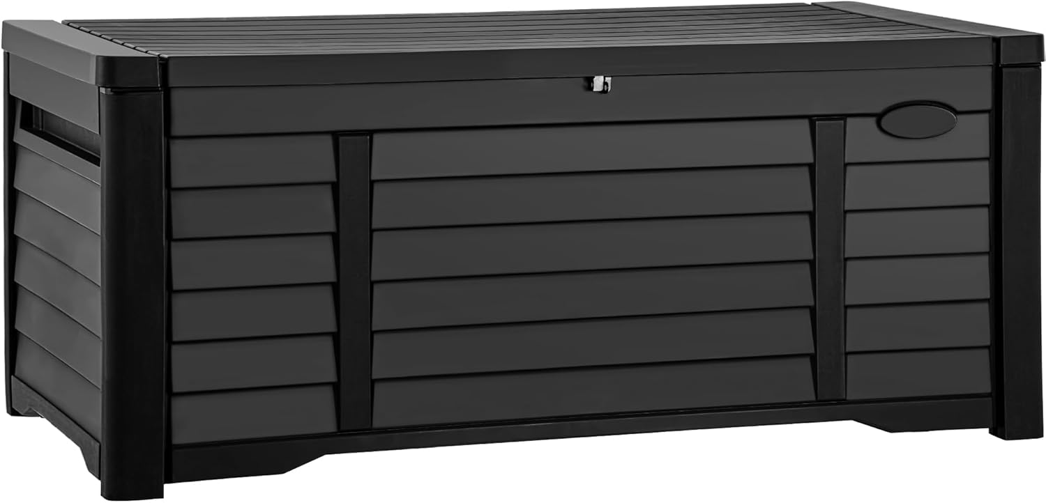 DWVO Outdoor Louver Storage Deck Box w/120 Gallon Capacity, Large Storage Box for Outdoor Pillows, Garden Tools and Pool Supplies, Resin, Waterproof, Lockable (Black)