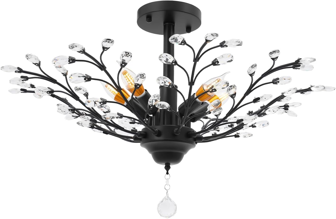 5-Light Crystal Chandelier, Vintage Semi Flush Mount Ceiling Light, Modern Elegant Pendant Lighting Fixture, Black Indoor Ceiling Lamp for Living Room Bedroom Dining Room Entryway (E12)