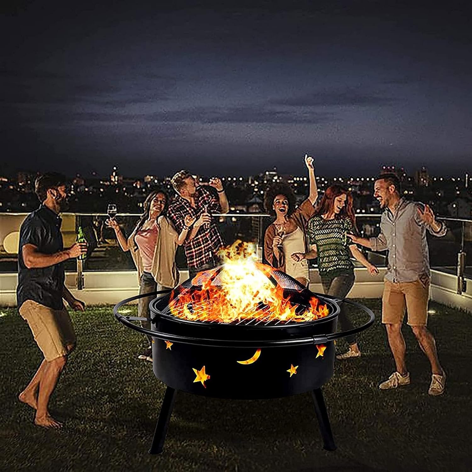 Fire Pit for Heating/BBQ, Multifunctional Outdoor Wood Burning Pits with BBQ Grill Shelf & Protective Cover, Portable BBQ Grill Garden Terrace Fire Bowl for Camping BBQ