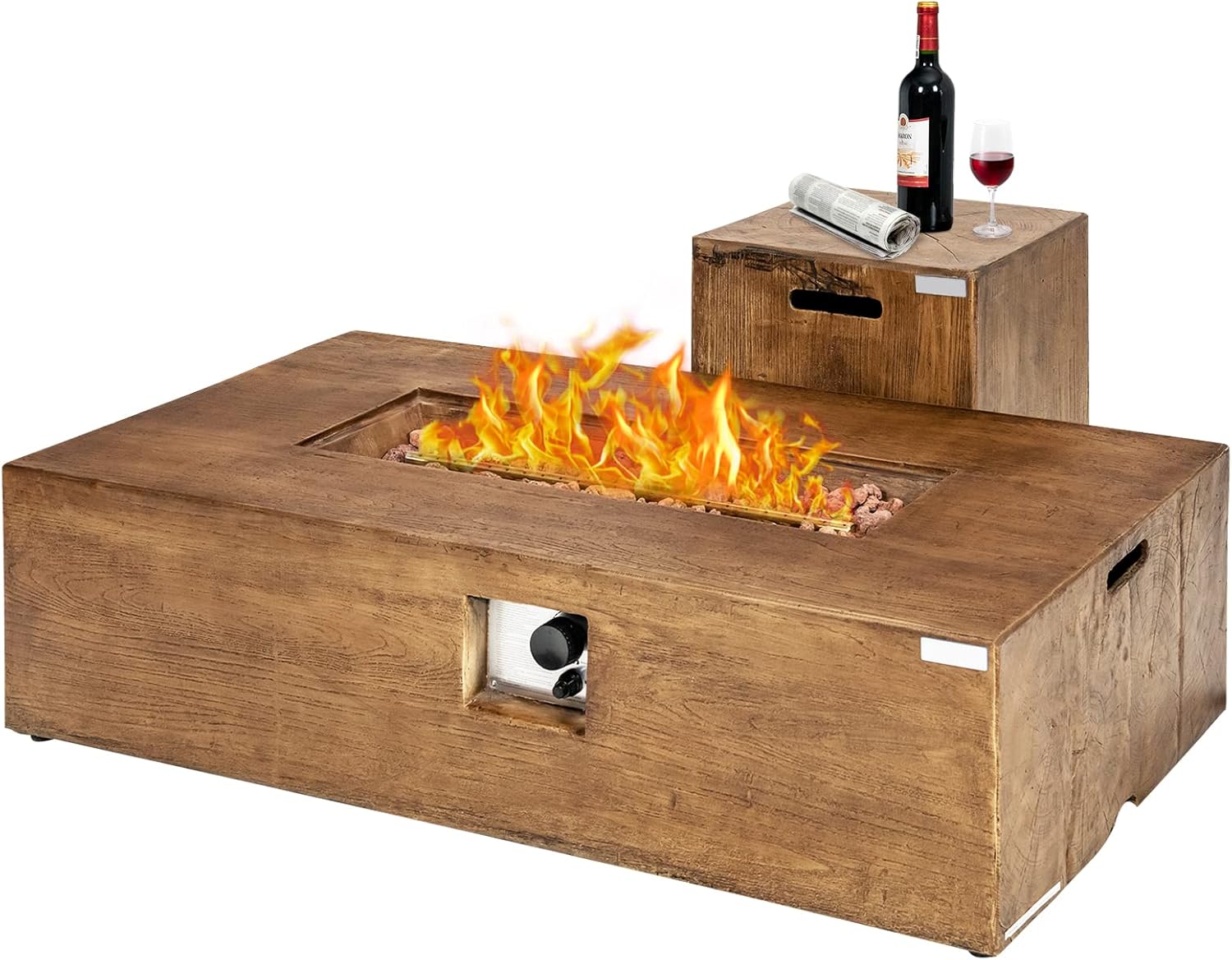 Tangkula 2 Pieces Outdoor Propane Fire Pit Table Set, Patiojoy 48 Inch Rustic 50,000 BTU Rectangular Gas Fire Pit Table with 20 lbs Tank Side Table, Lava Rocks, Cover for Patio, Garden, Yard