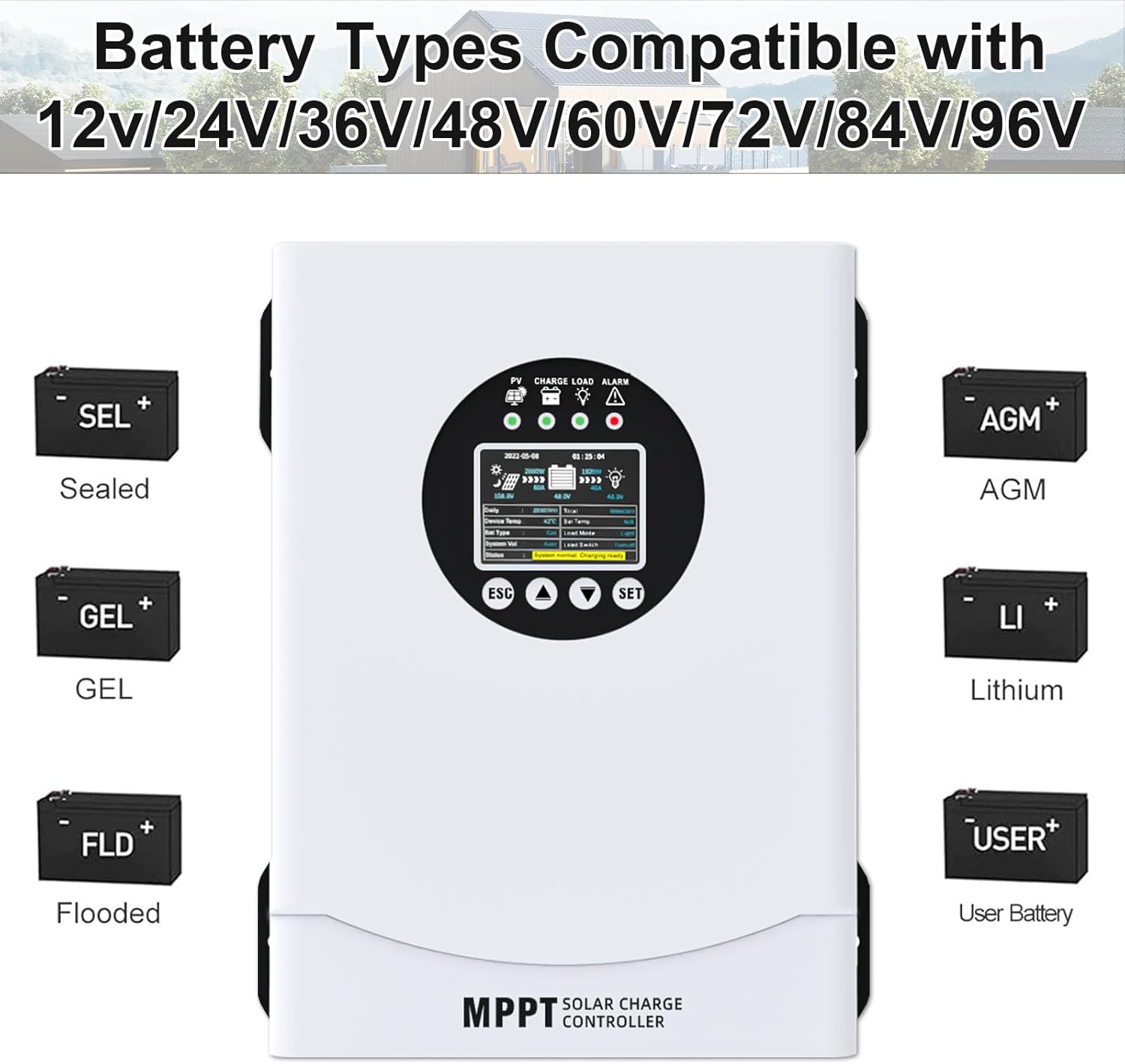 120A MPPT Solar Charge Controller, 12V 24V 36V 48V 60V 72V 84V 96V Battery System Auto , Solar Panel Charge Controller Regulator, LCD Display,Max Input PV 230V for FLD,LiFePO4,SLD,Gel,AGM