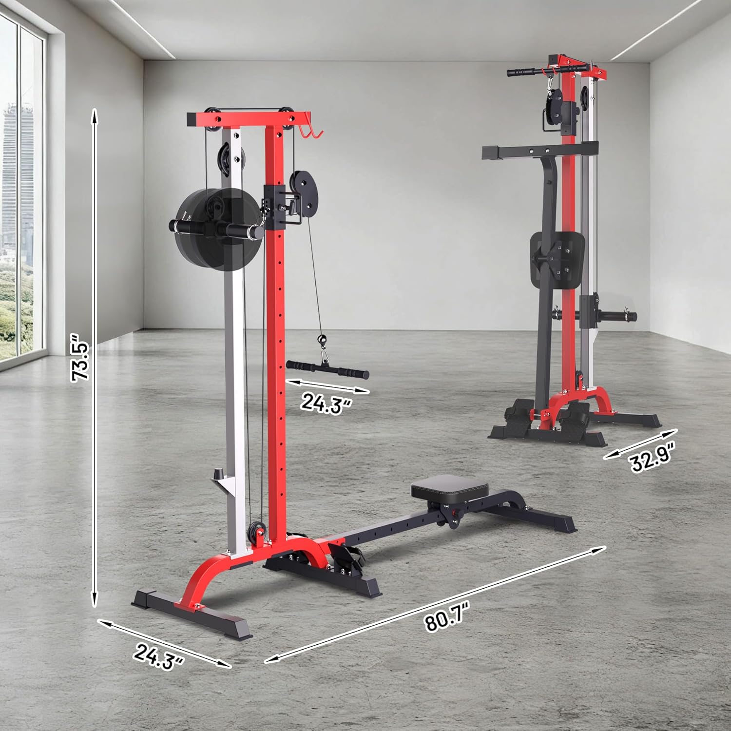 2 in 1 Rowing & Cable Machine, LAT Pull Down with Adjustable Weight and Seat, High and Low Pulley Station, LAT Bar and Cable Bar Multi-Function Compact Rowing Machine for Home Gym