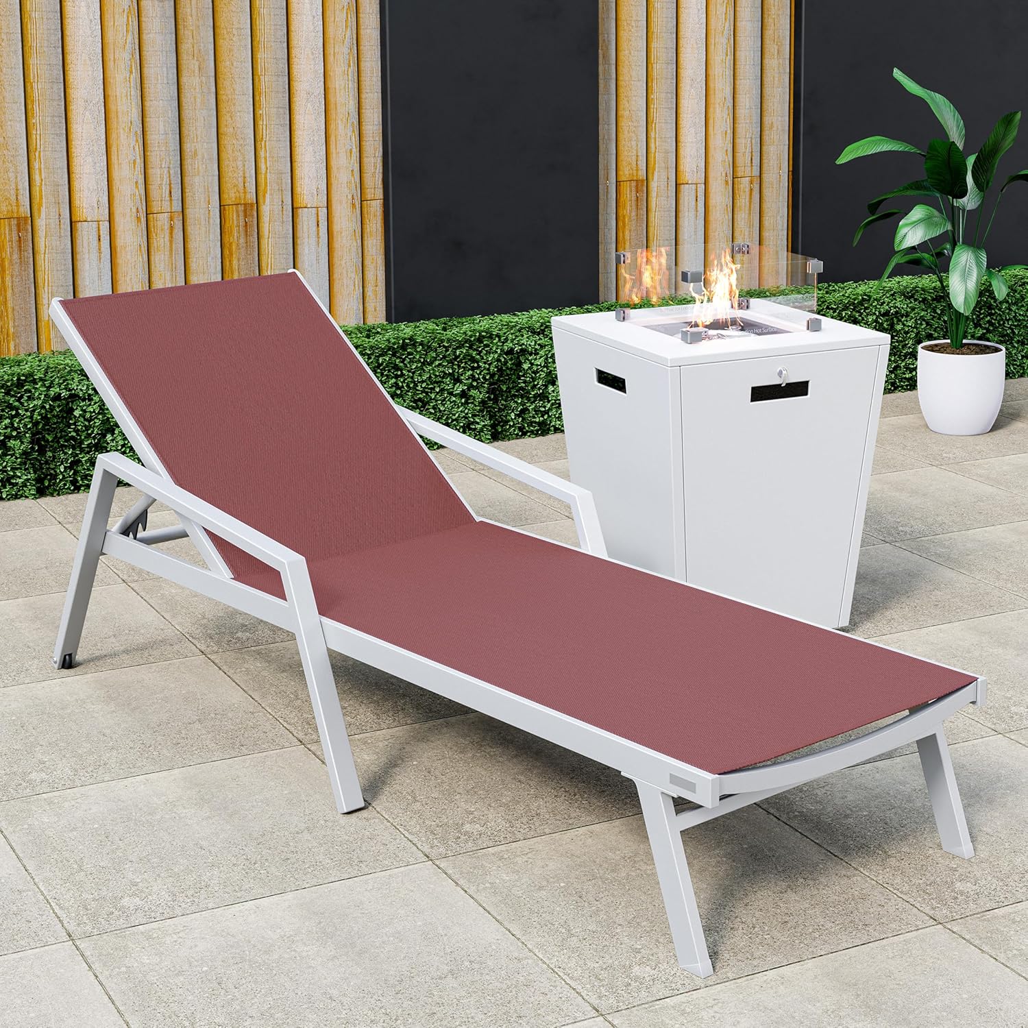 LeisureMod Modern White Aluminum Outdoor Chaise Lounge Chair with Arms and Square Fire Pit Side Table, Burgundy – Perfect for Patio, Lawn, and Garden