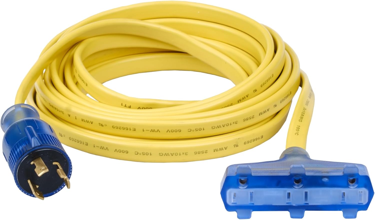 Pulsar 30AMP 125V Twist Lock Generator Flat Extension Cord (25 Feet) Three 15AMP Household 125V outlets, LED Indicator, Weather Resistant, 10 Gauge Wire, Portable Generators for Home use