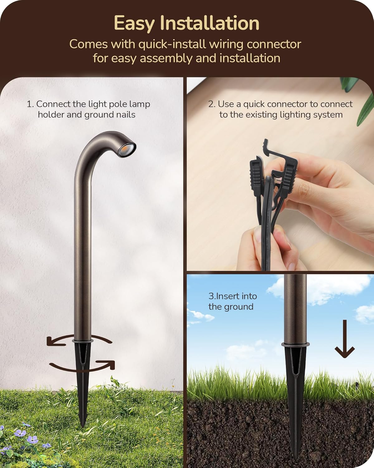 EDISHINE Bronze Low Voltage Landscape Lighting, 3W 3000K 200LM Bright LED Pathway Lights Wired, IP65 Outdoor Landscape Lighting & Accessories, CRI80 Aluminum Bent Pipe Path Light for Garden Yard