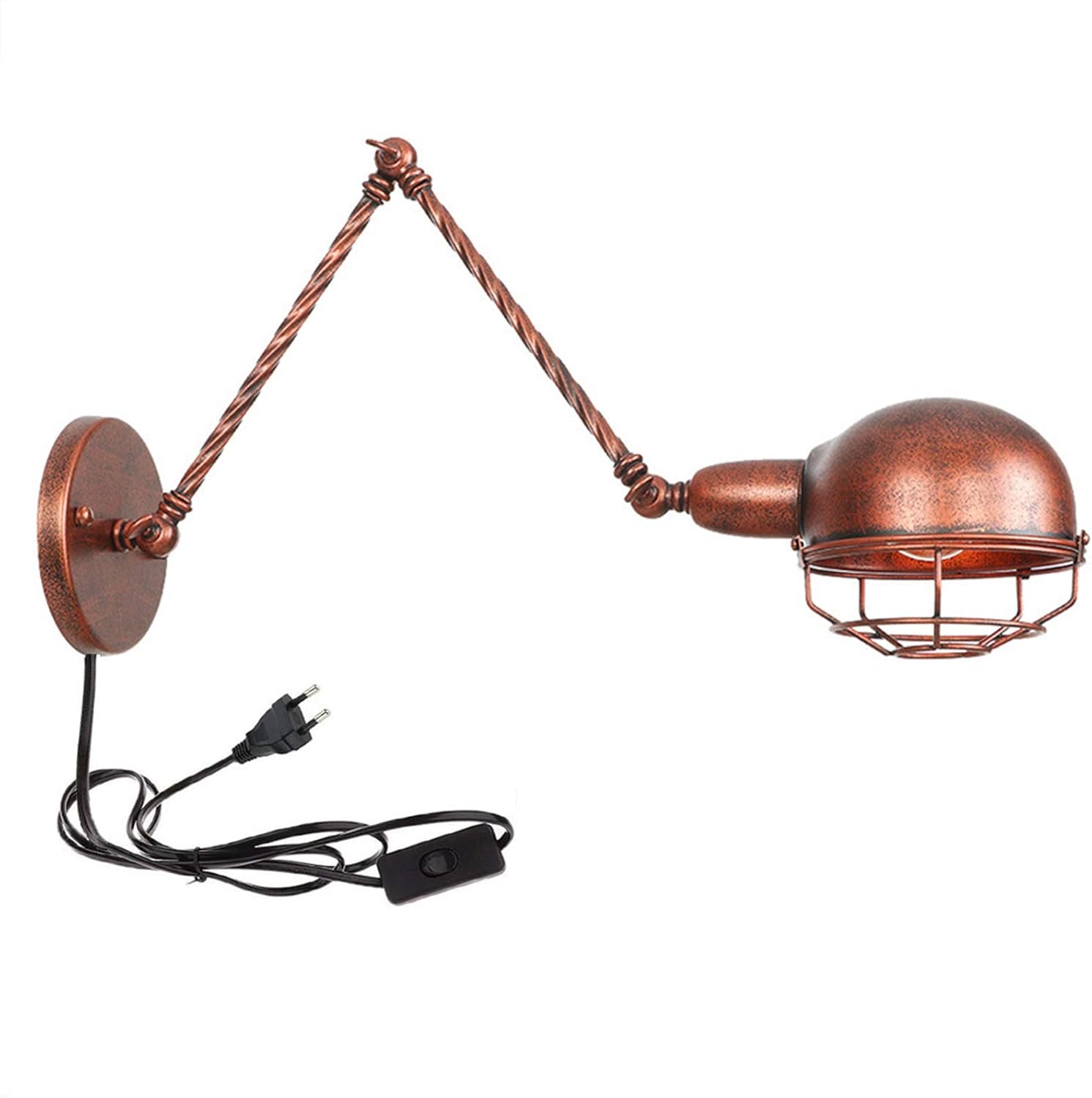 Wall Light Sconces Retro Rust with Switch and Plug, Industrial Vintage Cage Wall Lamp Long Arm with 1.8 m Cable, E27 Adjustable Wall for Living Room Bedroom Corridor ,20+20cm
