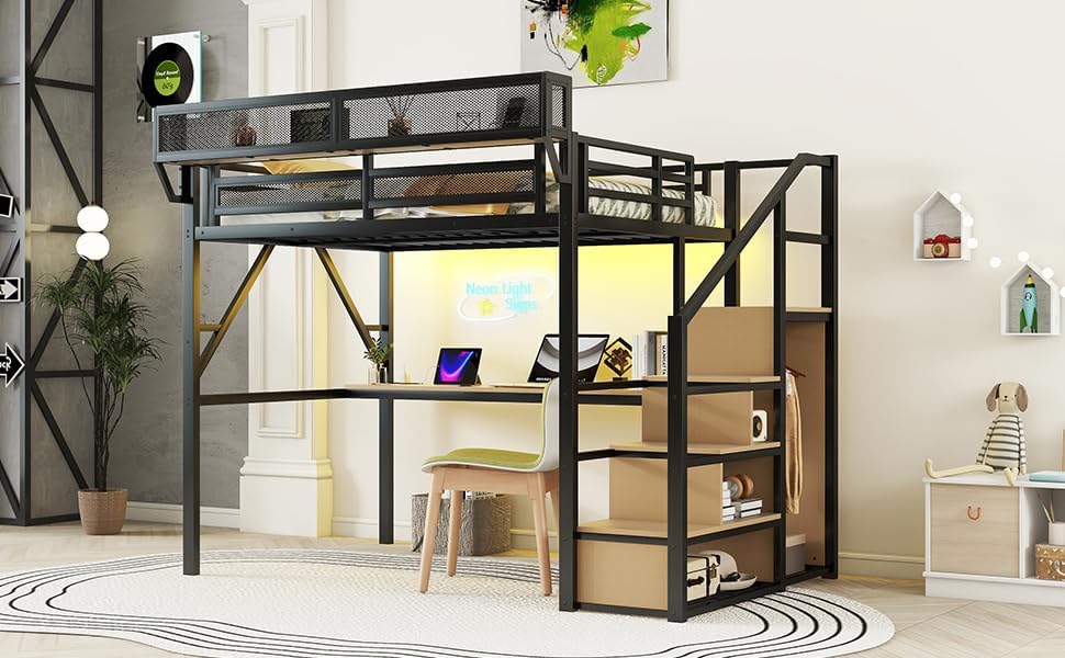 Full Size Metal Loft Bed (Black) - Patent Product | Desk+Charging Station (2 Outlets/2 USB), Staircase Storage+Wardrobe, RGB LED, Upper Mesh Shelf, 350LBS Capacity, No Box Spring