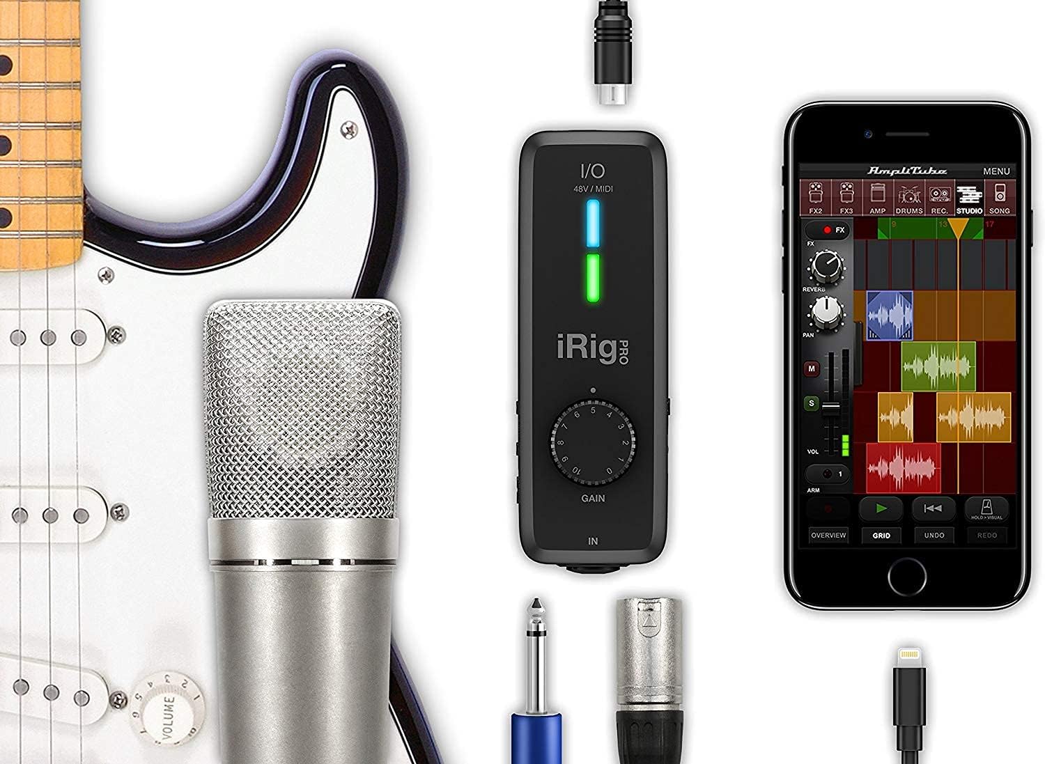 IK Multimedia iRig Pro I/O audio interface for iPhone, iPad, Mac, iOS and PC with USB-C, Lightning and USB cables, 24-bit, 96 kHz recording and guitar, bass and XLR mic inputs