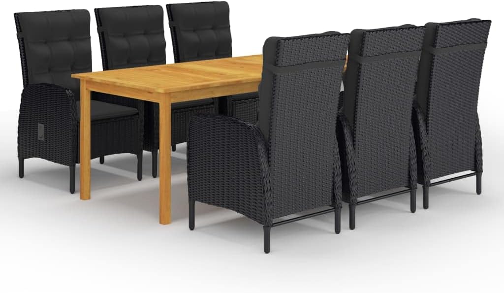 7 Piece Patio Dining Set Black,AllWeather Patio Dining Set with Acacia Wood Table and Rattan Chairs with Cushions Patio Furniture Sets, Outdoor Furniture Sets