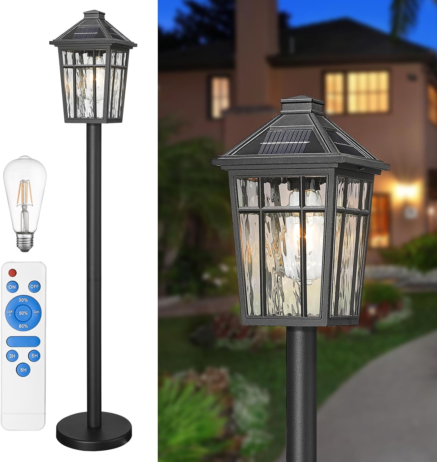Darkaway Solar Post Light Outside Floor Lamp with Remote Control, Waterproof Outdoor Solar Lighting with Water Ripple Glass Shade for Lawn Pool Garden