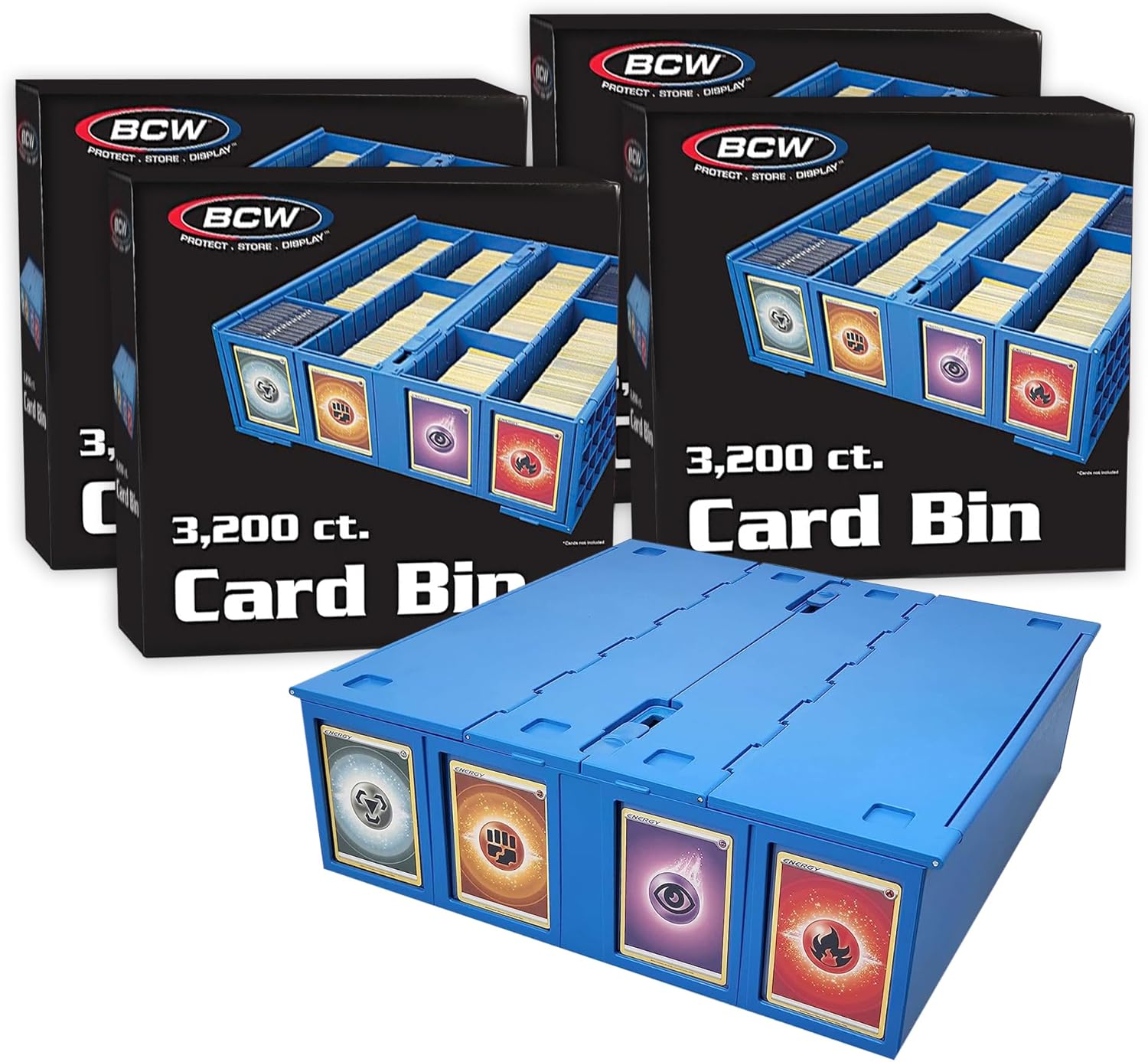 BCW Collectible Card Bin (4-Pack, Blue) | Holds 3200 Cards Each | Includes 4 Dividers Per Bin | Storage for Pokémon, MTG & Sports Cards