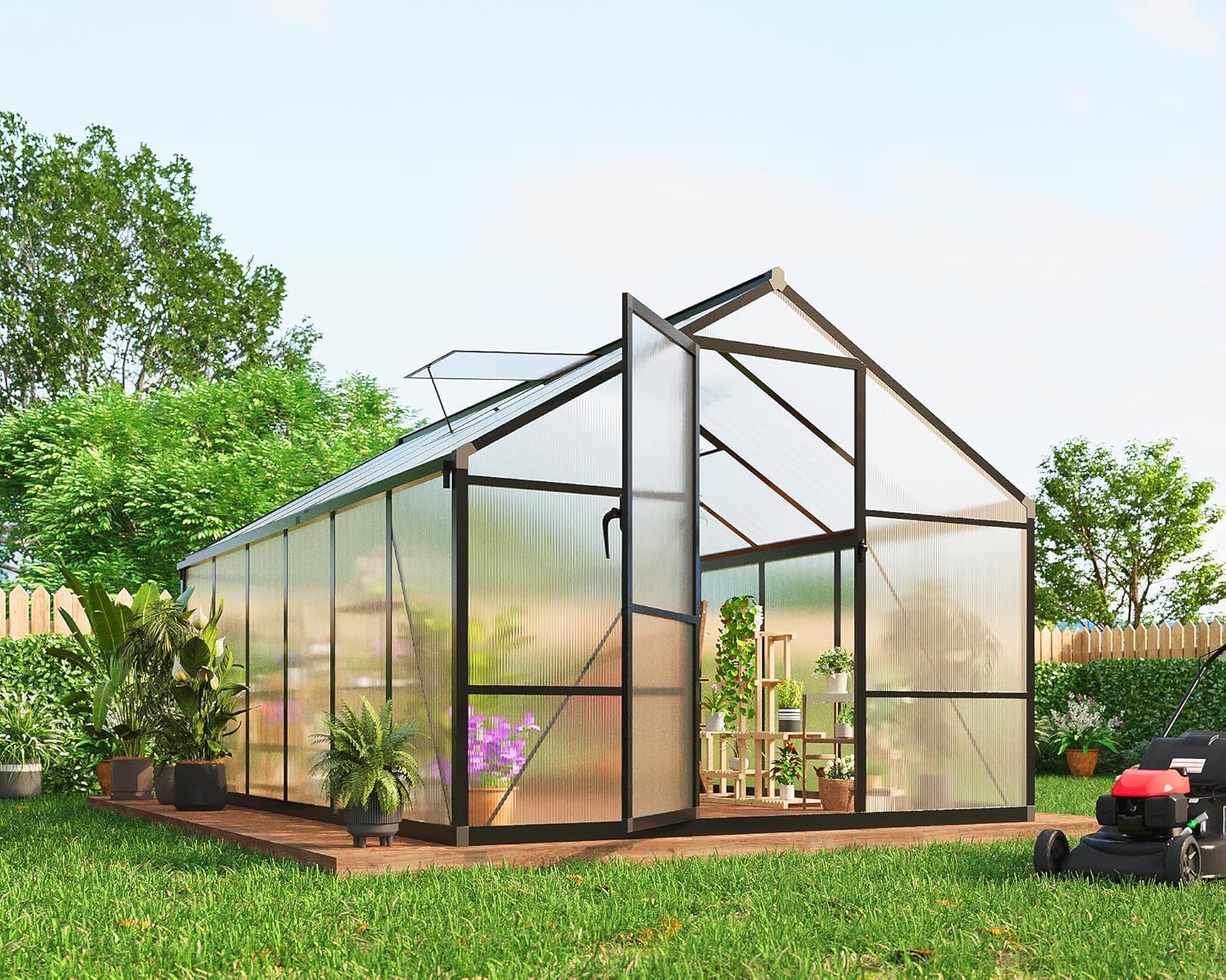 8X12 FT Greenhouse for Outdoors, Polycarbonate Flower Greenhouse with Roof Vent, Push-Pull Lockable Door, Aluminum Walk-in Greenhouses for Outside Garden Backyard, Patio, Lawn, Black