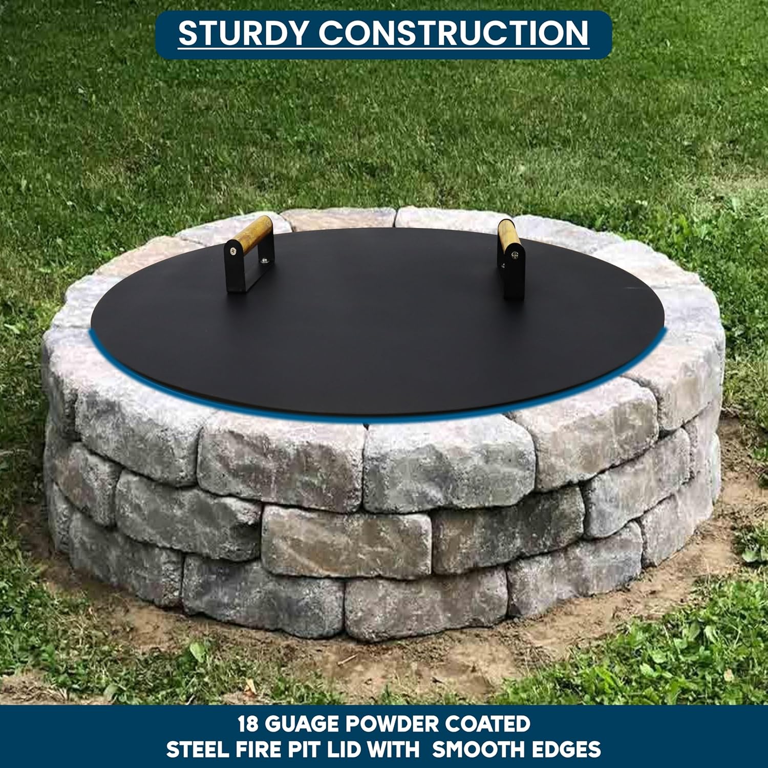 34” Fire Pit Cover Lid Round - Fit for 32” Round Fire Pit Lid for Outdoor Fireplace Cover Lid Steel fire pit metal cover W/ 2 Wooden Handles & Heat Resistant Snuffer Lid for Patio Fire Pit Ring