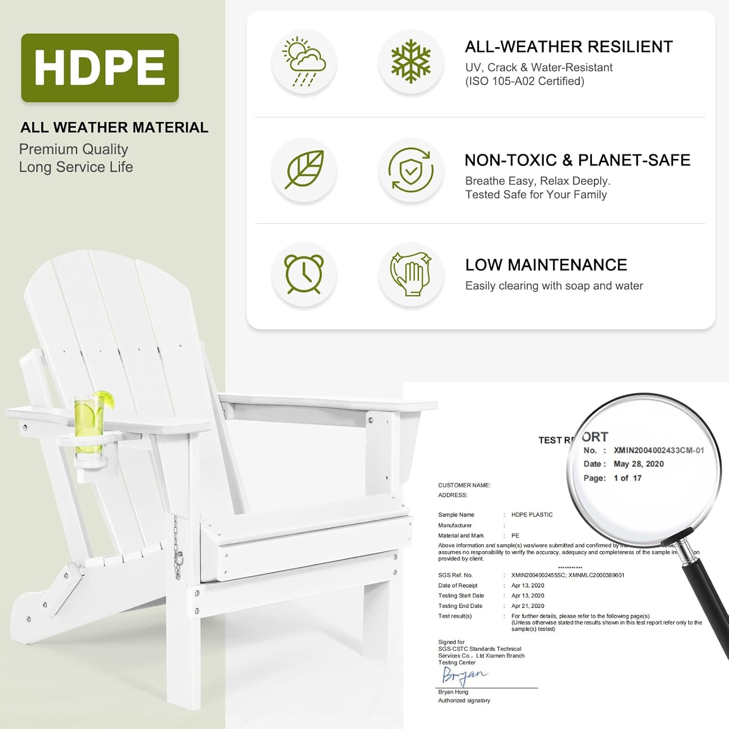 Folding Adirondack Chairs Set 2- Plastic Adirondack Chairs with Cup Holder, Weather Resistant for Outdoor, Patio, Lawn, Garden, Backyard Deck, Fire Pit - White