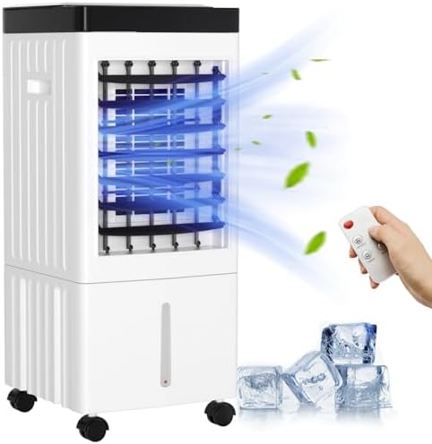 Topteng Portable 10L Evaporative Air Cooler Indoor Swamp Cooler Air Conditioner 24.3Inch Water Cooling Fan 3-IN-1 Evaporative Cooler 3 Speeds with Remote Control Fan & Humidifier, Timing Settings