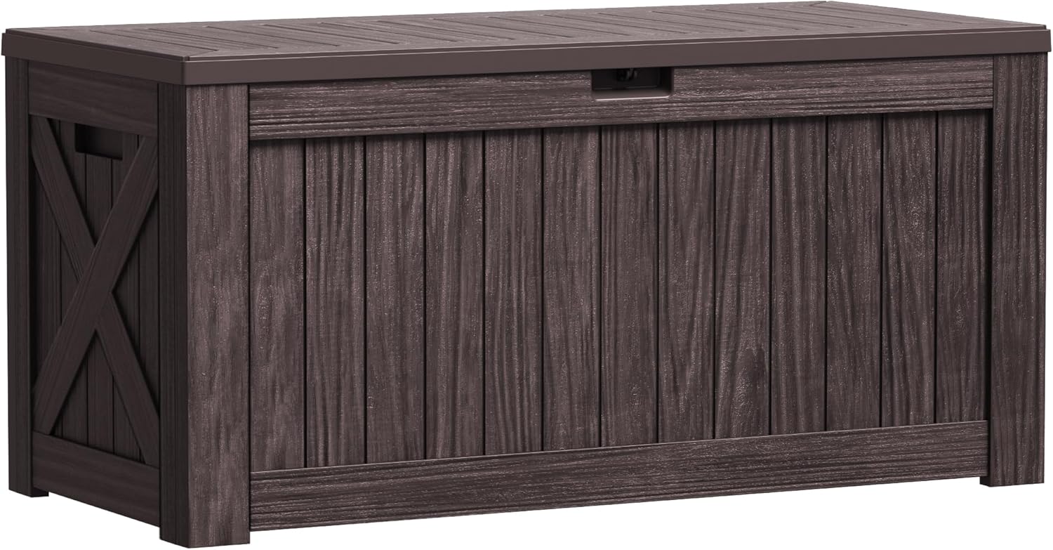 Greesum Outdoor Storage Box 120 Gallon Storage Bin with Lid for Patio Furniture, Garden Tools, Pool Supplies, Lockable, Waterproof and UV Resistant, Dark Brown