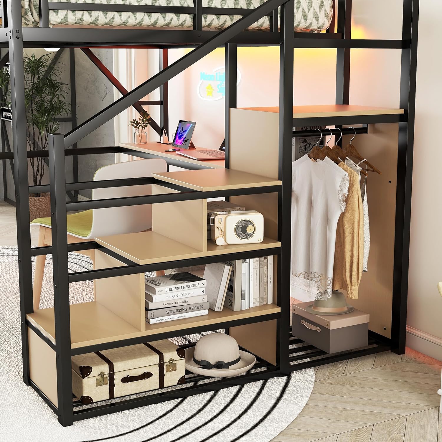 Queen Size Loft Bed with Desk, Loft Bed Queen with Stairs and Charging Station, Modern Metal Beds Frame with Light and Safety Guardrails for Kids/Teens, Patent Products, Black