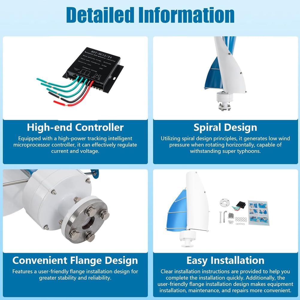 3000W No Noise Vertical Spiral Wind Generator Set 2 Blades with Mppt Controller 12V 24V 48V 220V Home Windmill Generator for Home, Camping & Street Lighting,48v