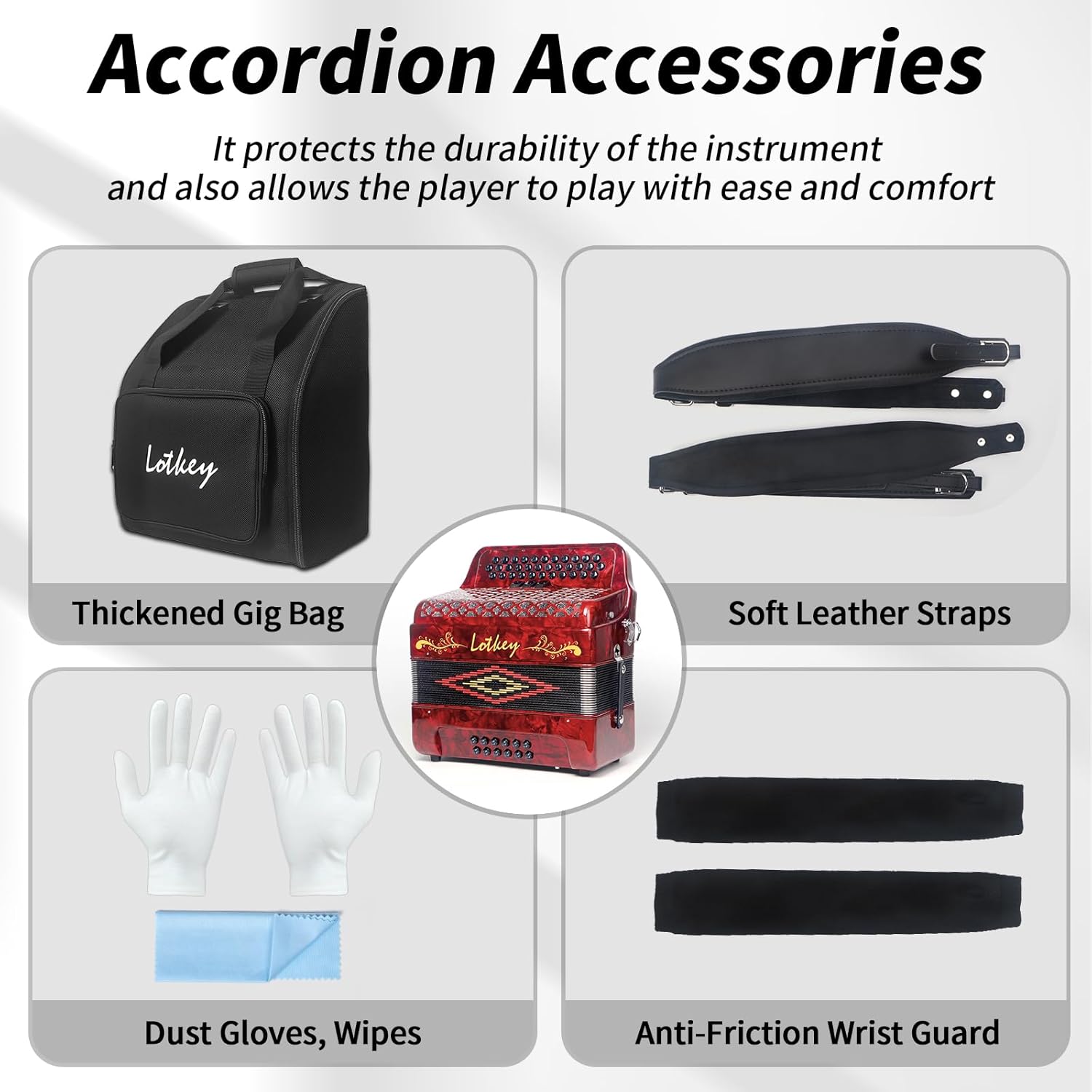 Lotkey 34 Key Diatonic Accordion, 3412 Multi Tone Celluloid Accordions Louder Clearer Timbre than Plastic for Adult, Beginner, Professional with Updated Bag, Straps, Acordeón Wrist Guard (FBE Red)